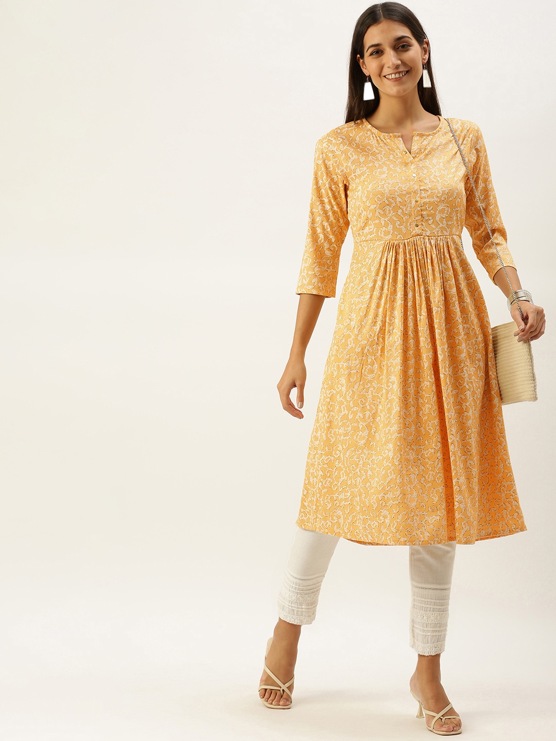 

Vedic Women Yellow & Off White Ethnic Motifs Printed Anarkali Kurta