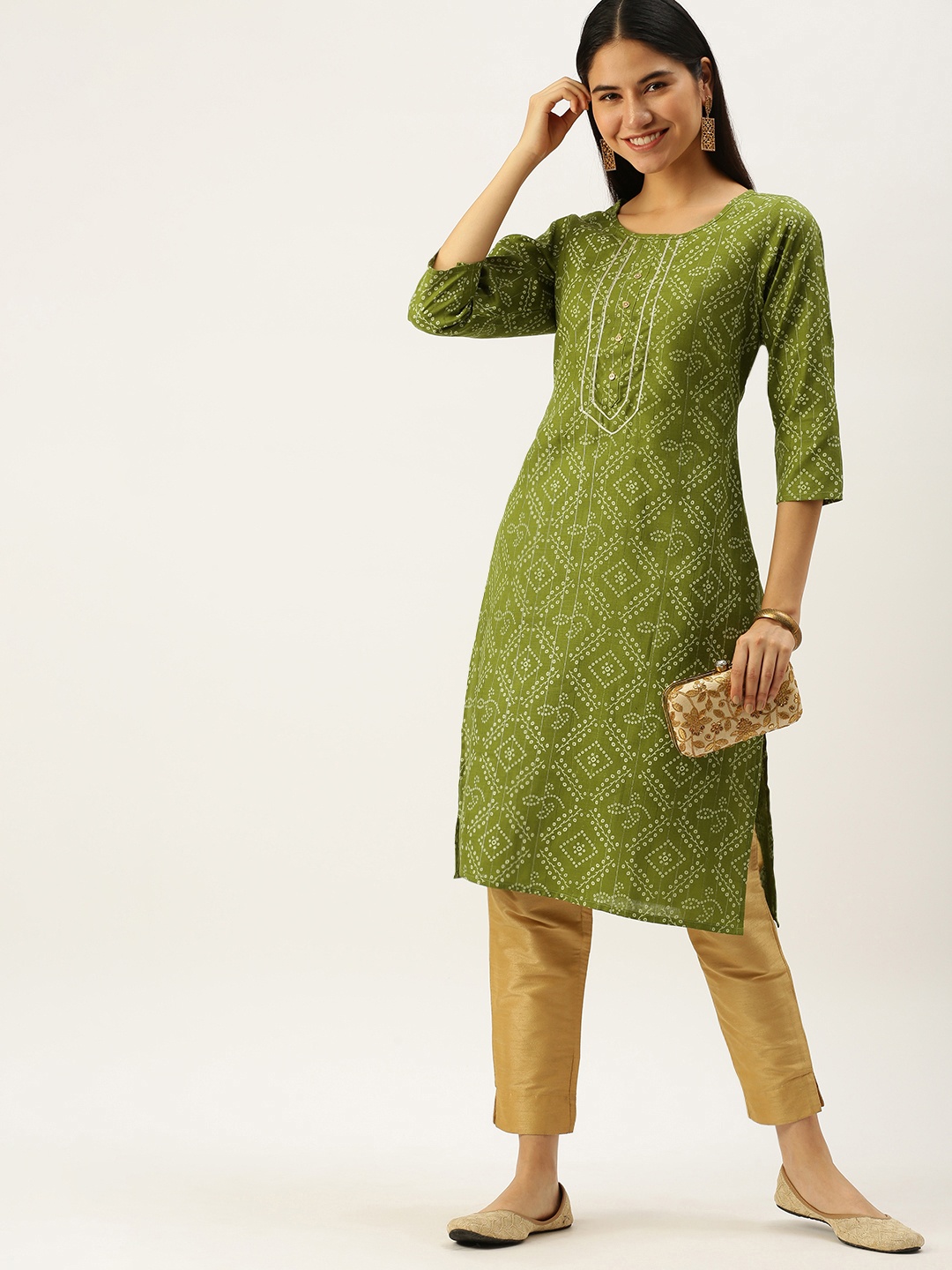 

Vedic Women Green Bandhani Printed Gotta Patti Kurta