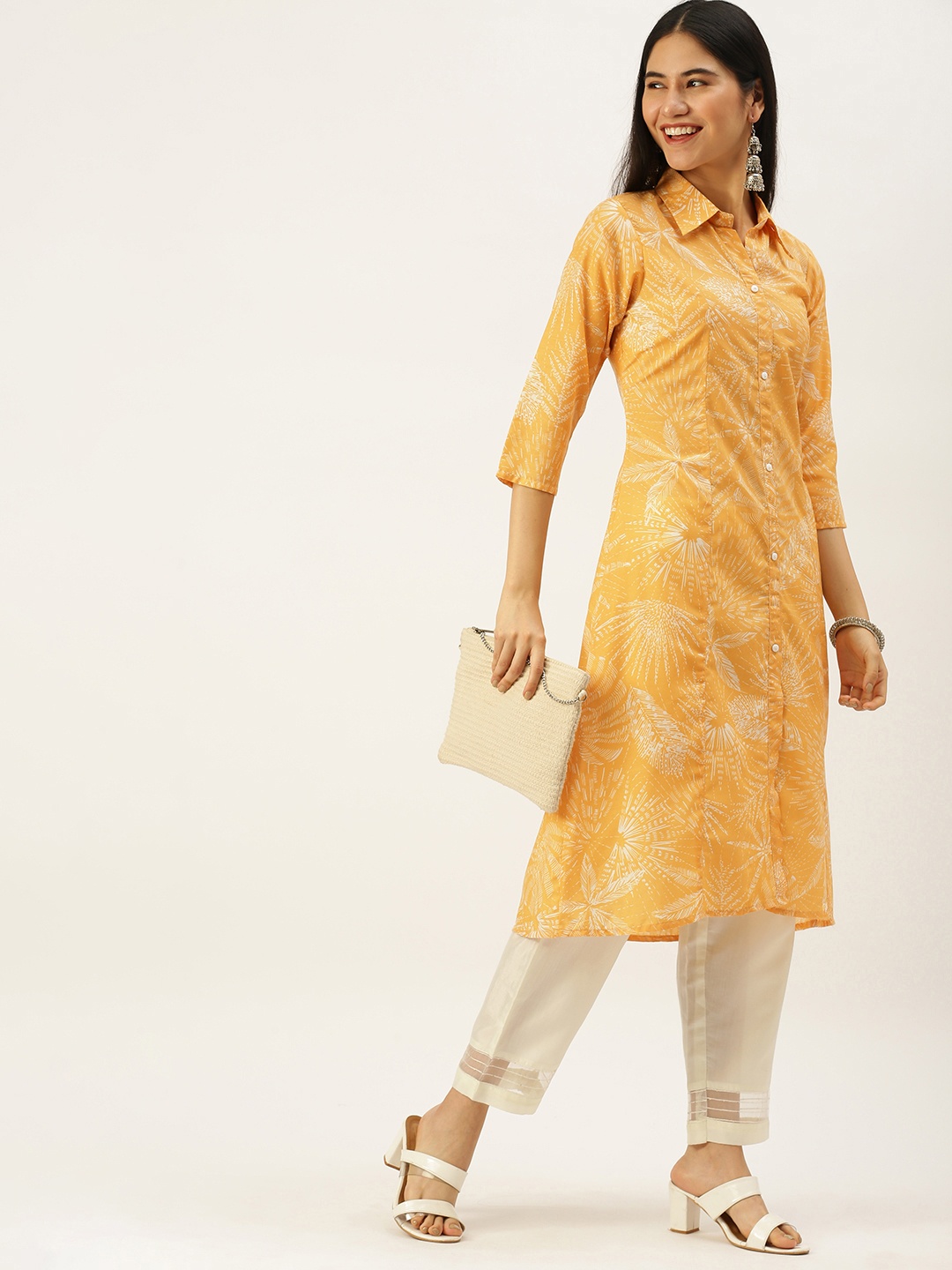 

Vedic Women Yellow & White Tropical Printed Pathani Kurta