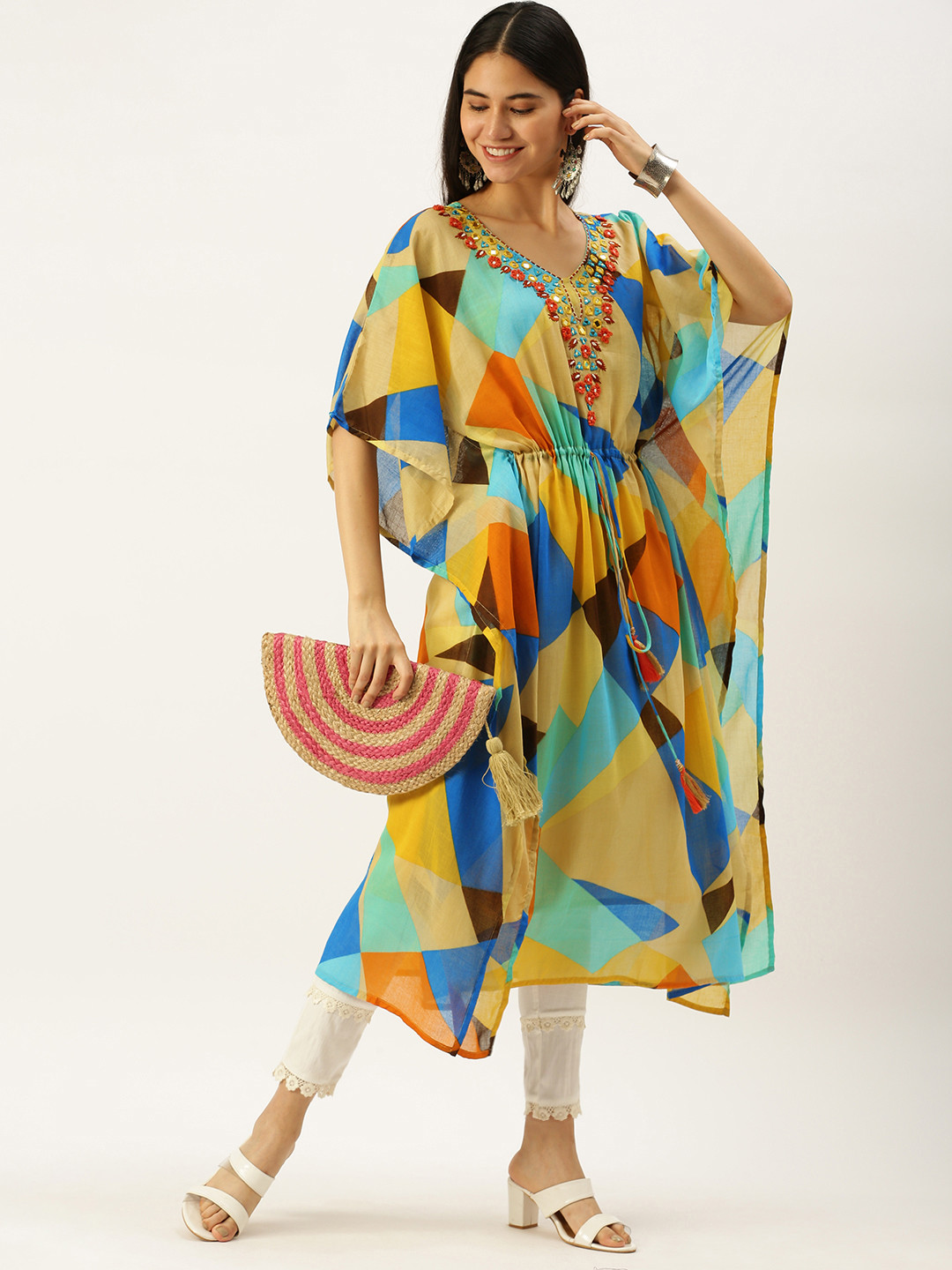 

Vedic Women Multicoloured Geometric Printed Flared Sleeves Mirror Work Kaftan Kurta, Multi