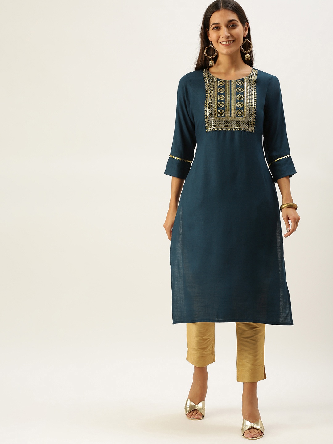

Vedic Women Teal Blue Ethnic Motifs Yoke Design Kurta