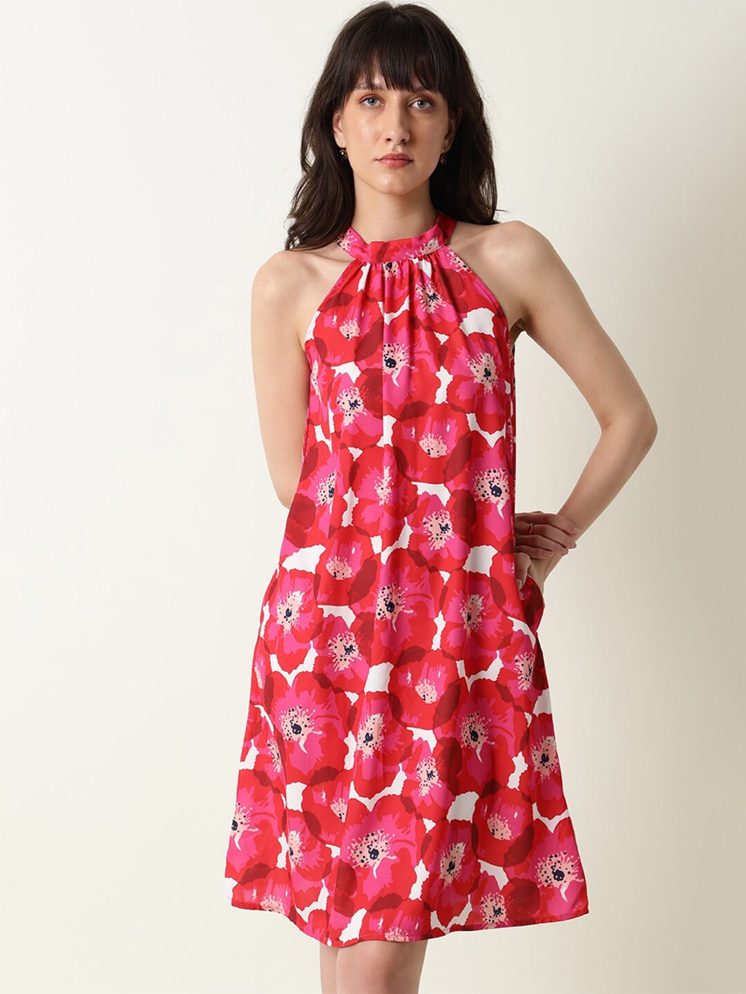 

RAREISM Red Floral A-Line Dress