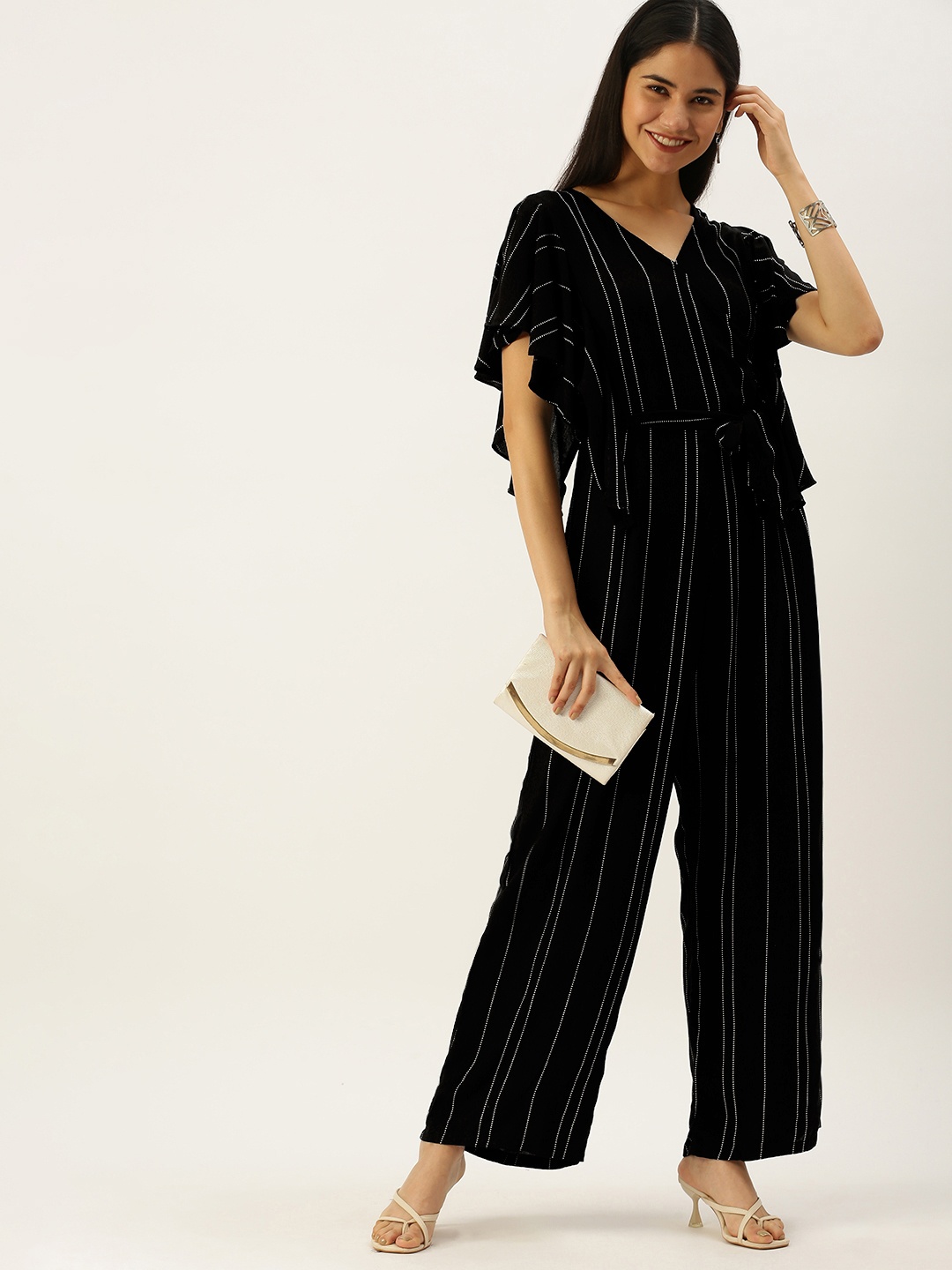 

Vedic Black & White Striped Flutter Sleeves Basic Jumpsuit