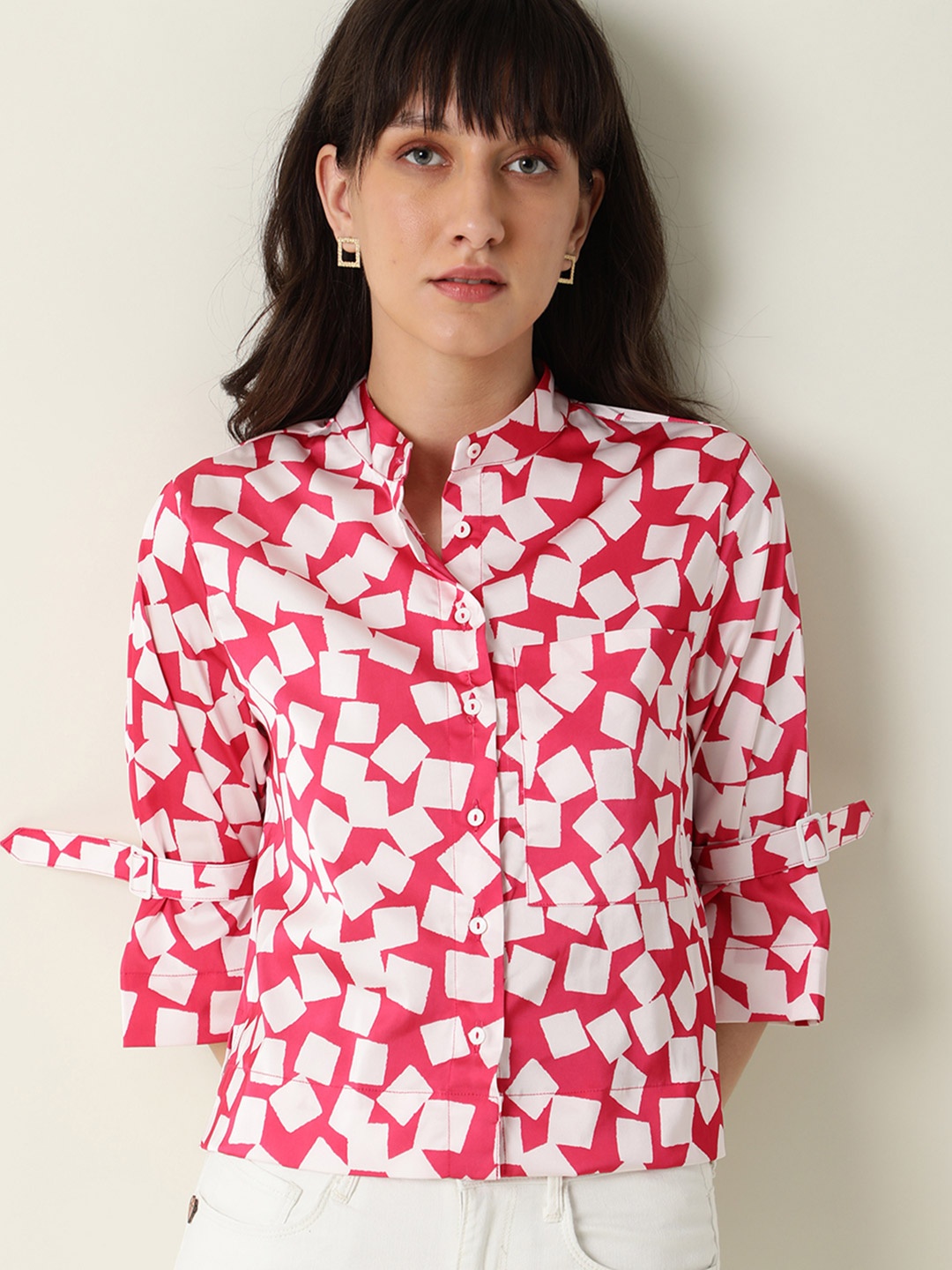 

RAREISM Pink Geometric Print Shirt Style Top