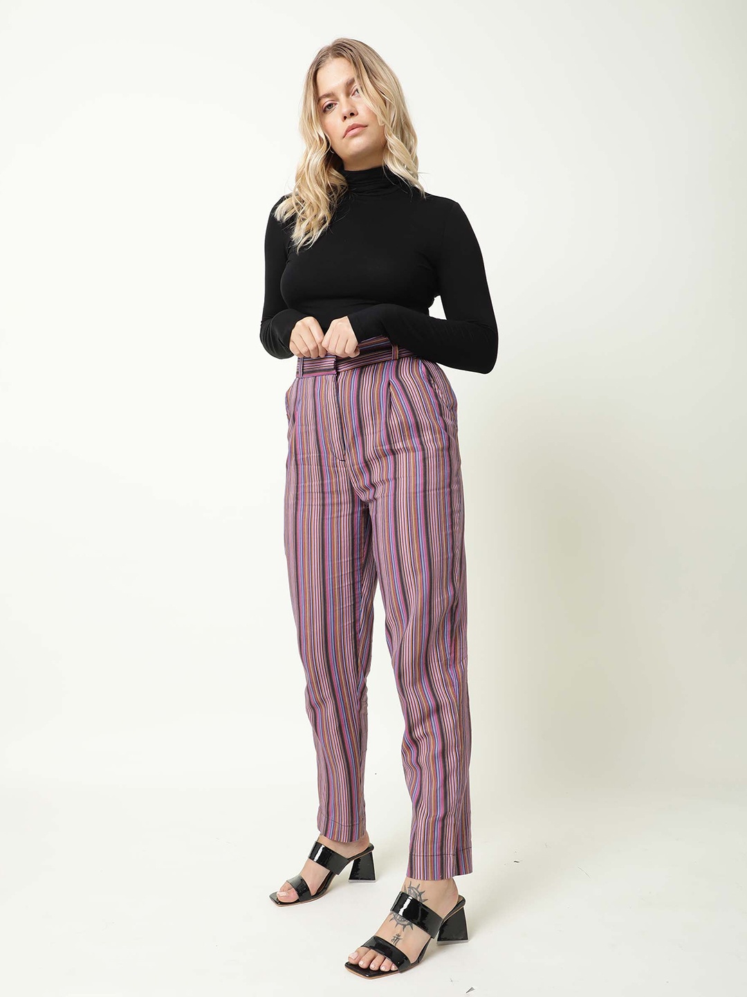 

RAREISM Women Multicoloured Striped High-Rise Trousers, Multi