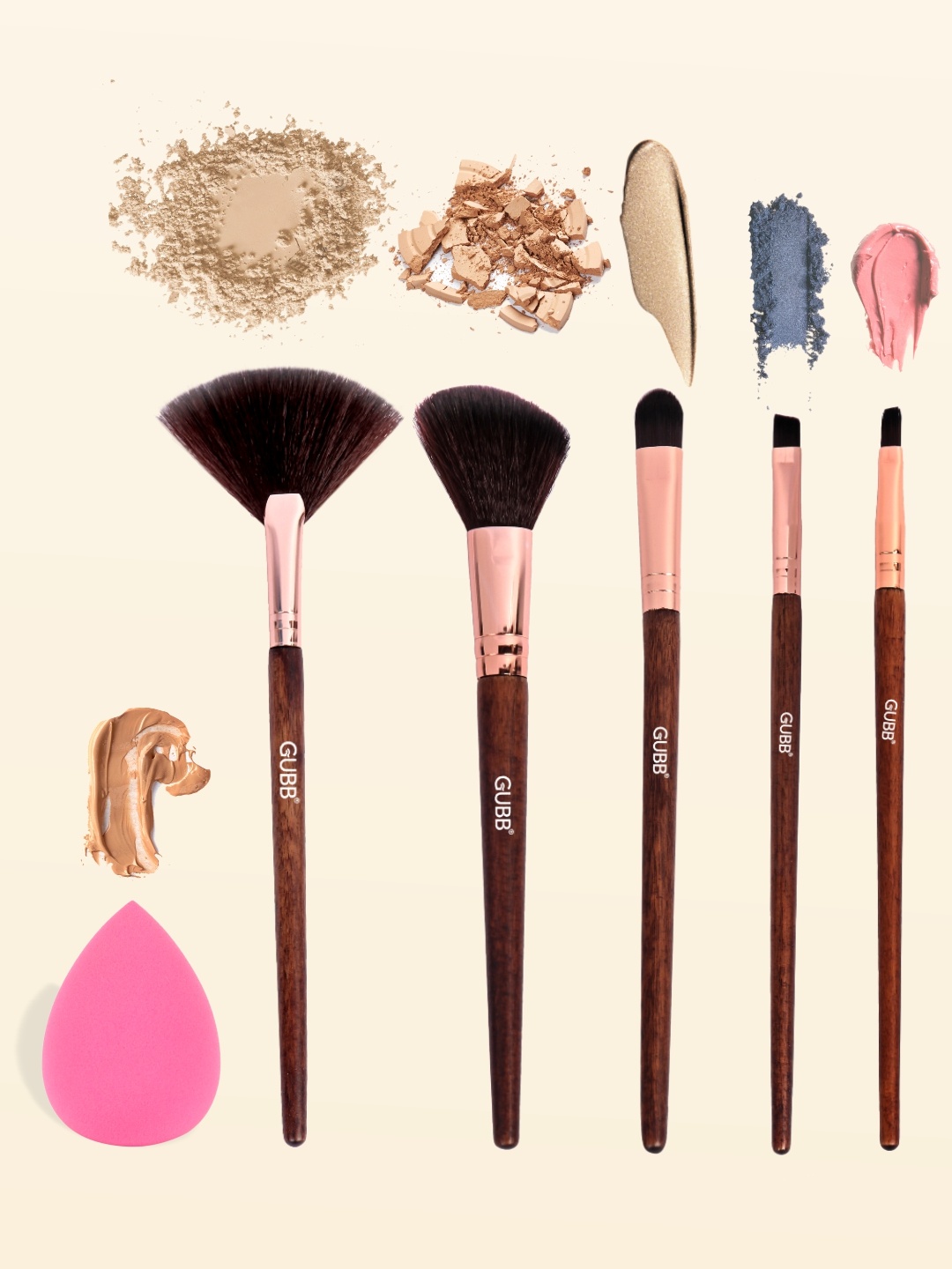 

GUBB Set of 5 Essential Makeup Brush with Beauty Blender Sponge, Brown