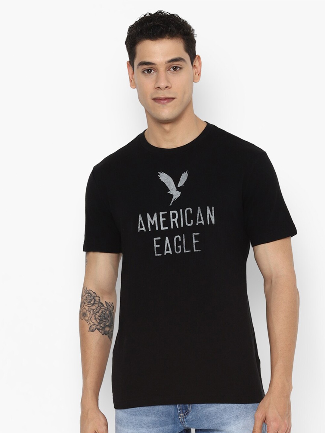 

AMERICAN EAGLE OUTFITTERS Men Black Typography Printed Applique T-shirt
