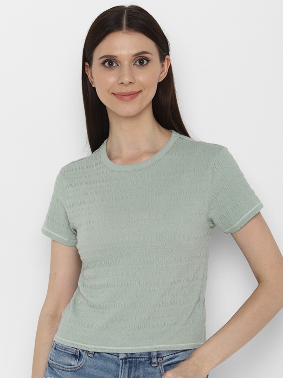 

AMERICAN EAGLE OUTFITTERS Women Green Drop-Shoulder Sleeves T-shirt