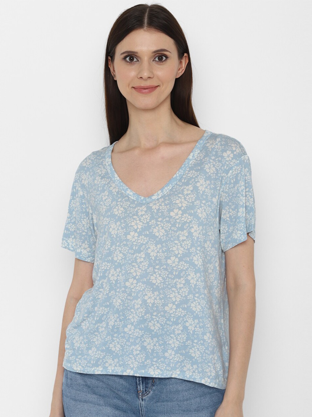 

AMERICAN EAGLE OUTFITTERS Women Blue V-Neck Extended Sleeves Raw Edge T-shirt