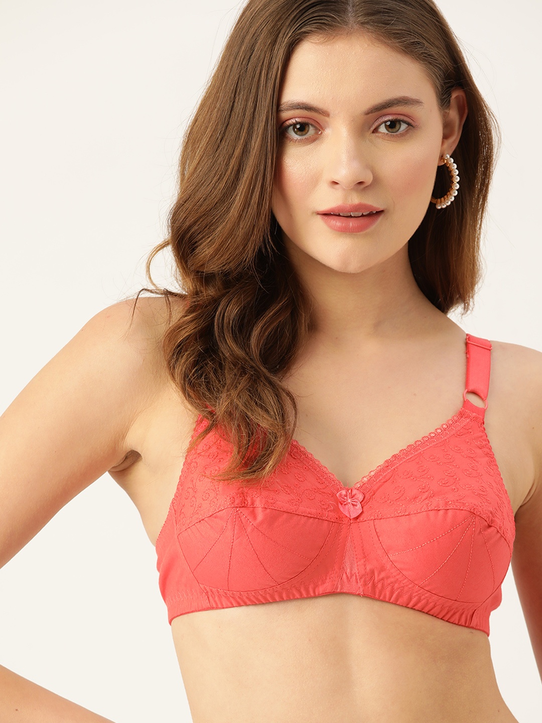 

DressBerry Coral Pink Floral Embroidered Bra