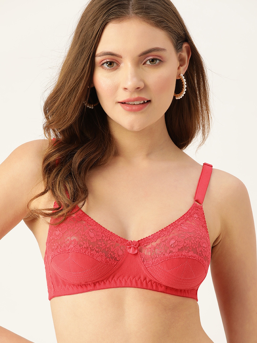 

DressBerry Coral Red Floral Lace Bra