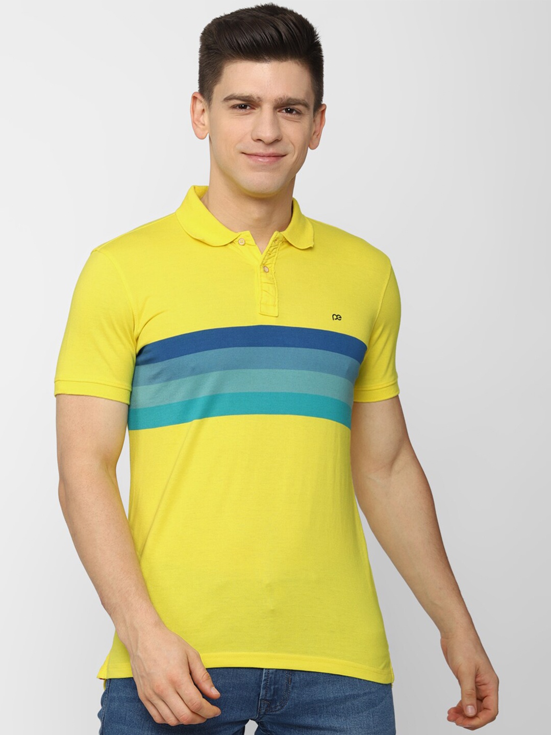 

Peter England Casuals Men Yellow Striped Polo Collar T-shirt