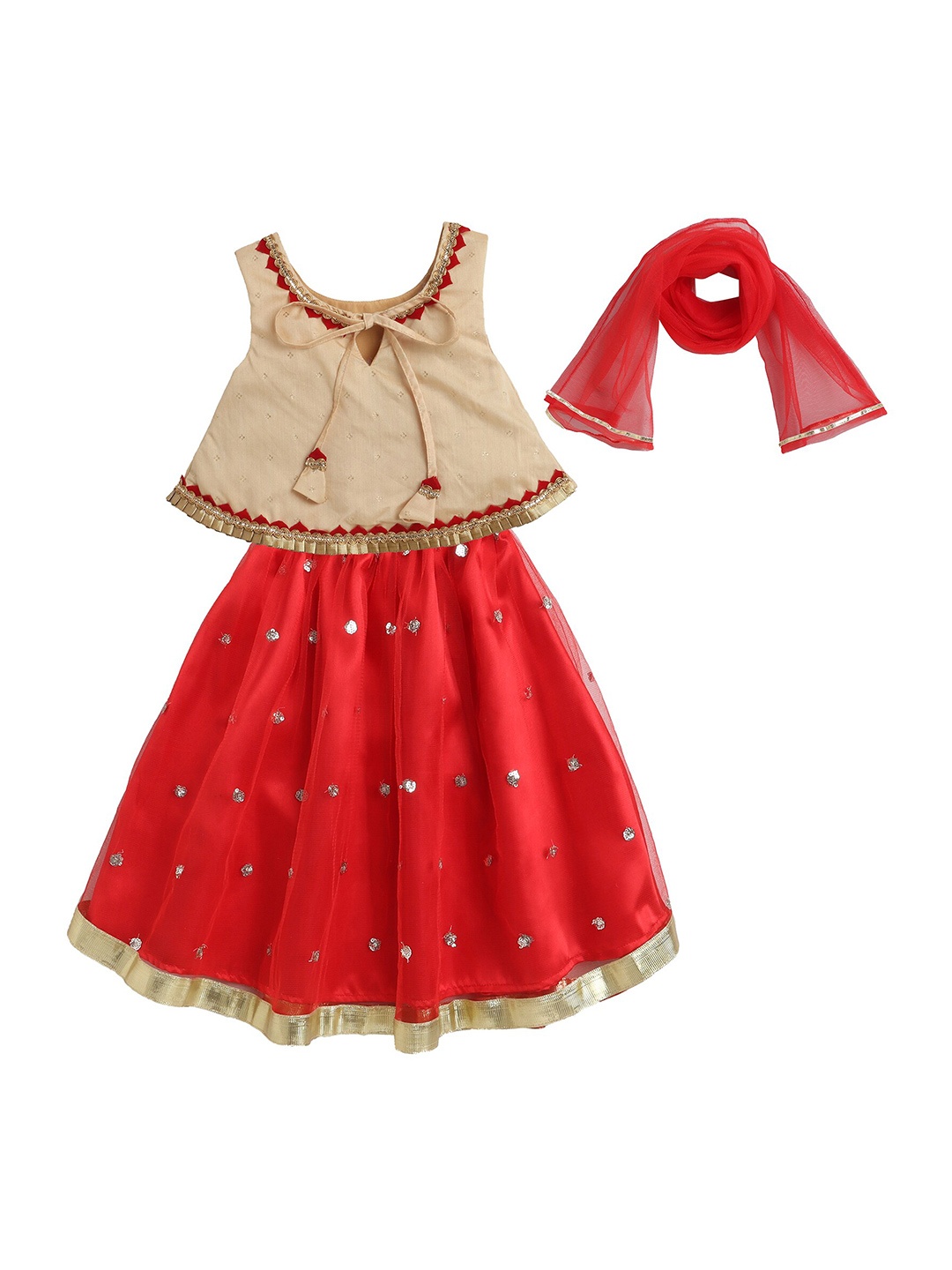 

MANY FROCKS & Girls Red & Beige Embroidered Ready to Wear Lehenga