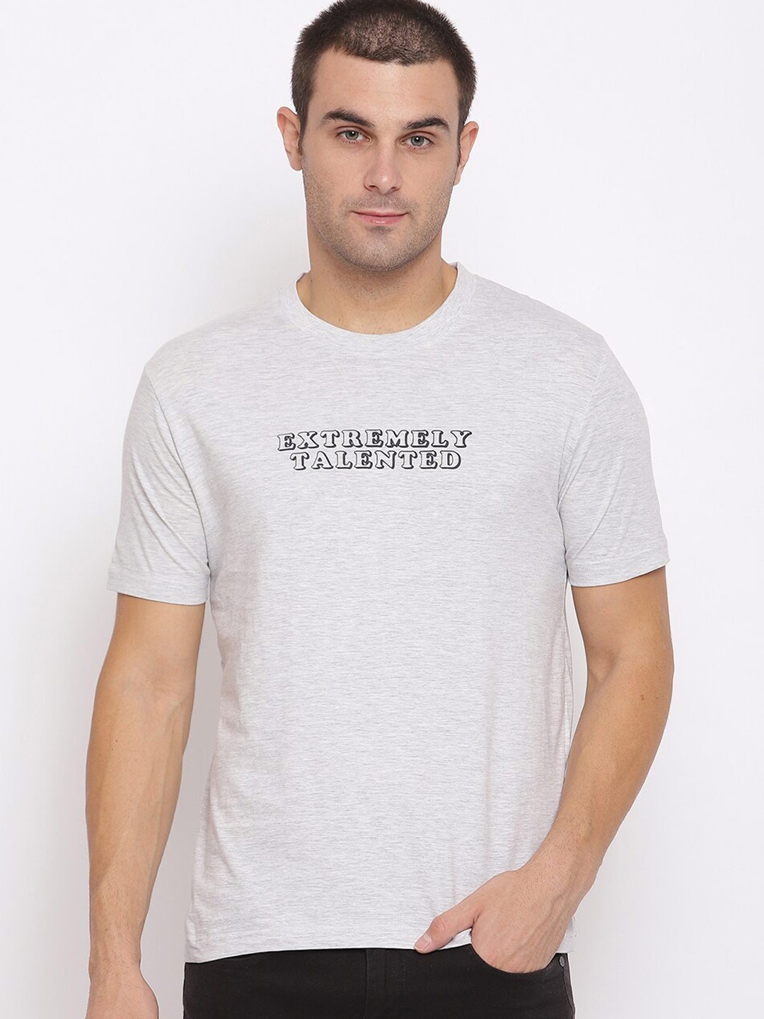 

R&B Men Grey Typography Printed Raw Edge Slim Fit T-shirt
