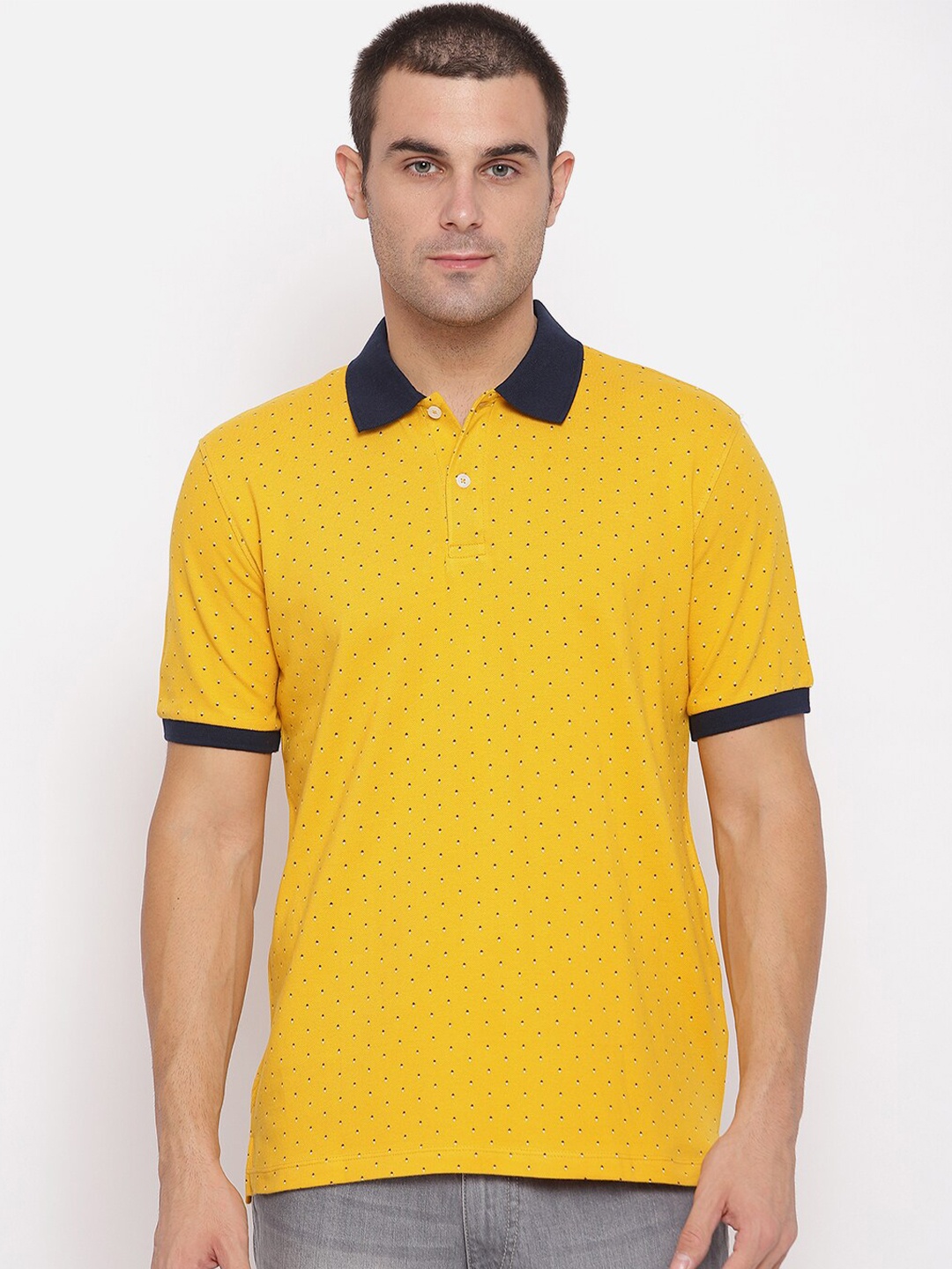 

R&B Men Yellow Printed Polo Collar Slim Fit T-shirt