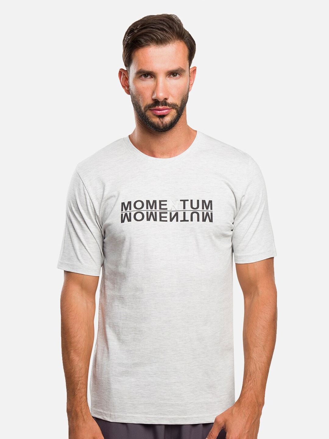 

R&B Men Grey Typography Printed Applique Slim Fit T-shirt