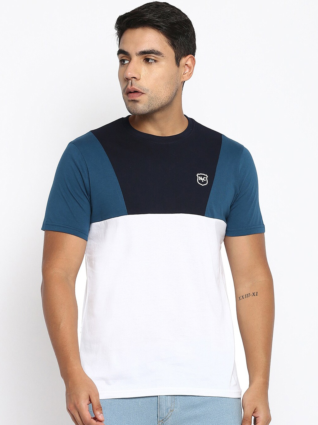 

R&B Men Navy Blue Floral Colourblocked Polo Collar T-shirt
