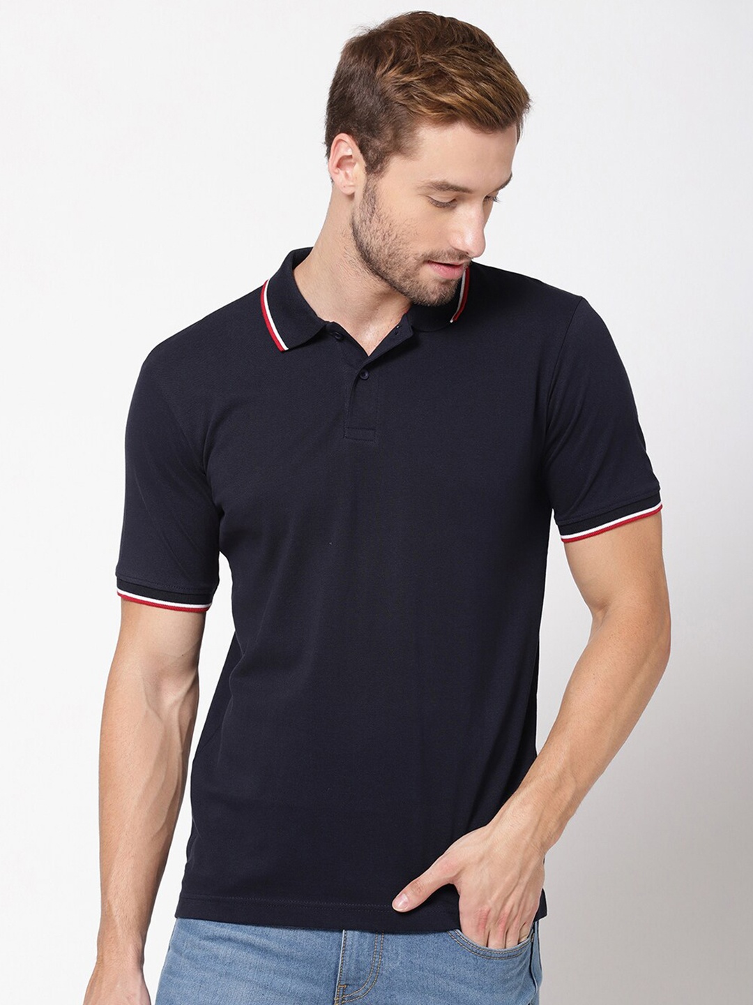 

R&B Men Navy Blue Polo Collar T-shirt