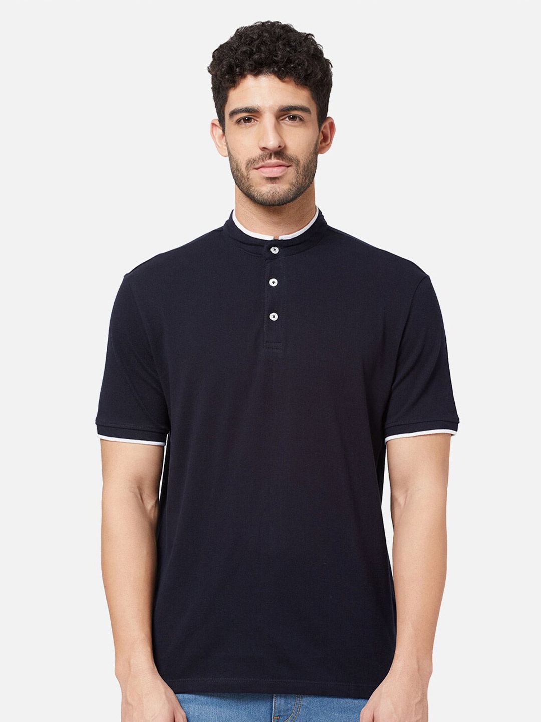 

R&B Men Navy Blue Mandarin Collar Slim Fit T-shirt