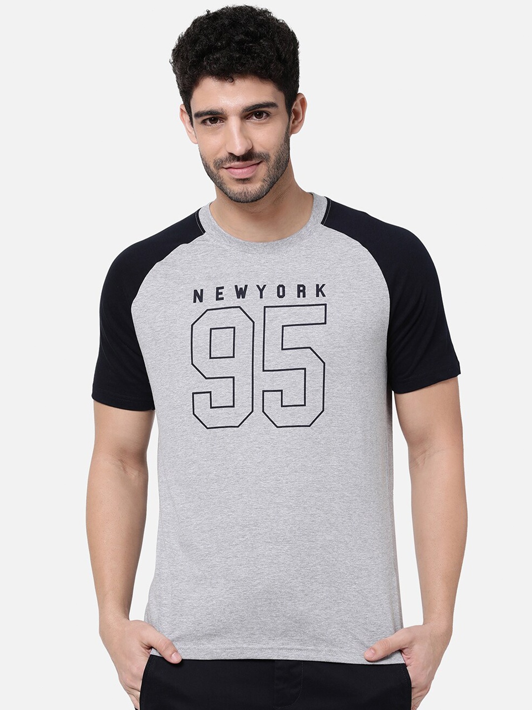 

R&B Men Grey Varsity Printed Applique Slim Fit T-shirt