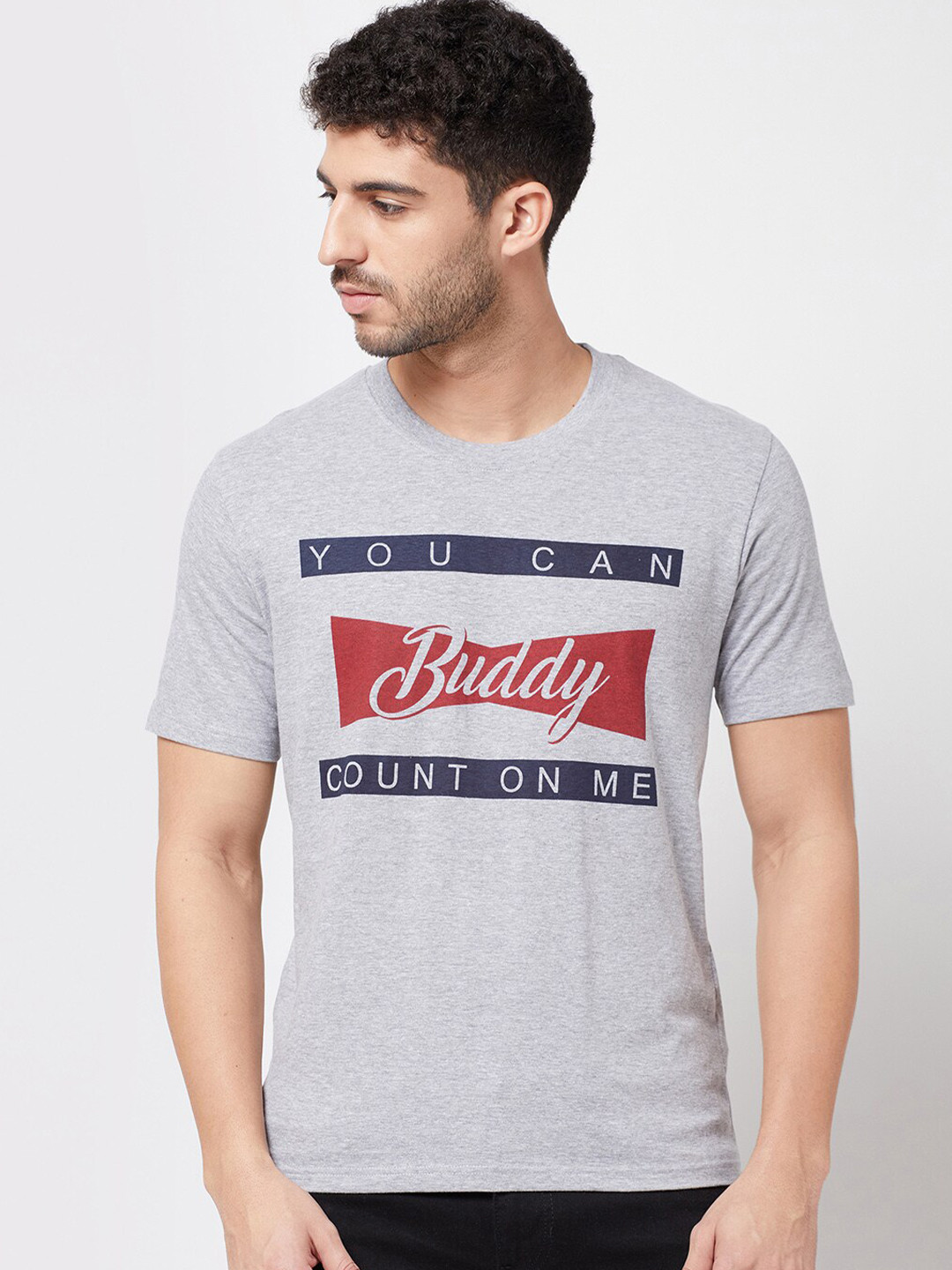 

R&B Men Grey Drop-Shoulder Sleeves Applique Slim Fit T-shirt