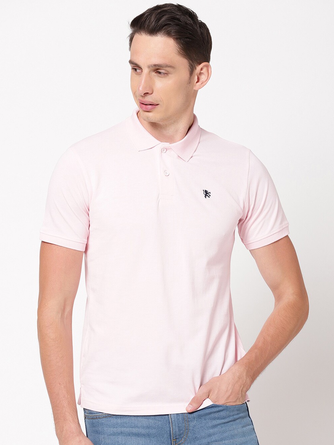 

R&B Men Pink Polo Collar Applique T-shirt