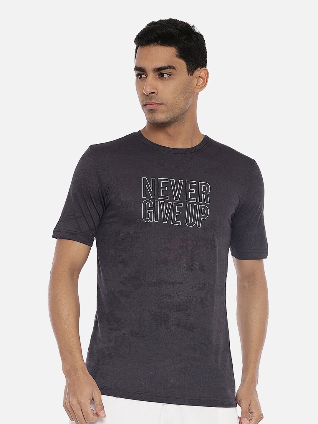 

R&B Men Grey Printed Mandarin Collar T-shirt