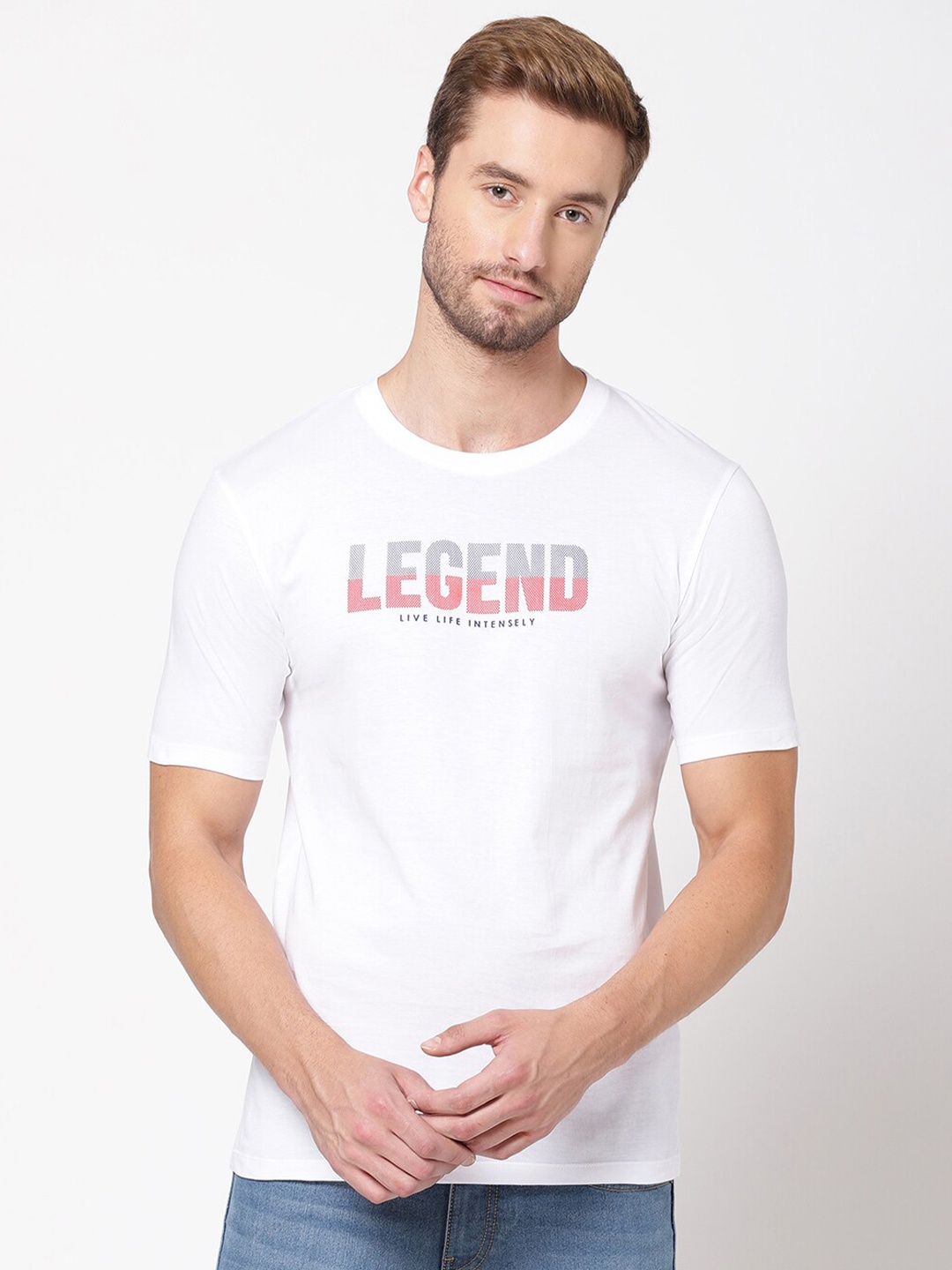 

R&B Men White Typography Printed Applique T-shirt