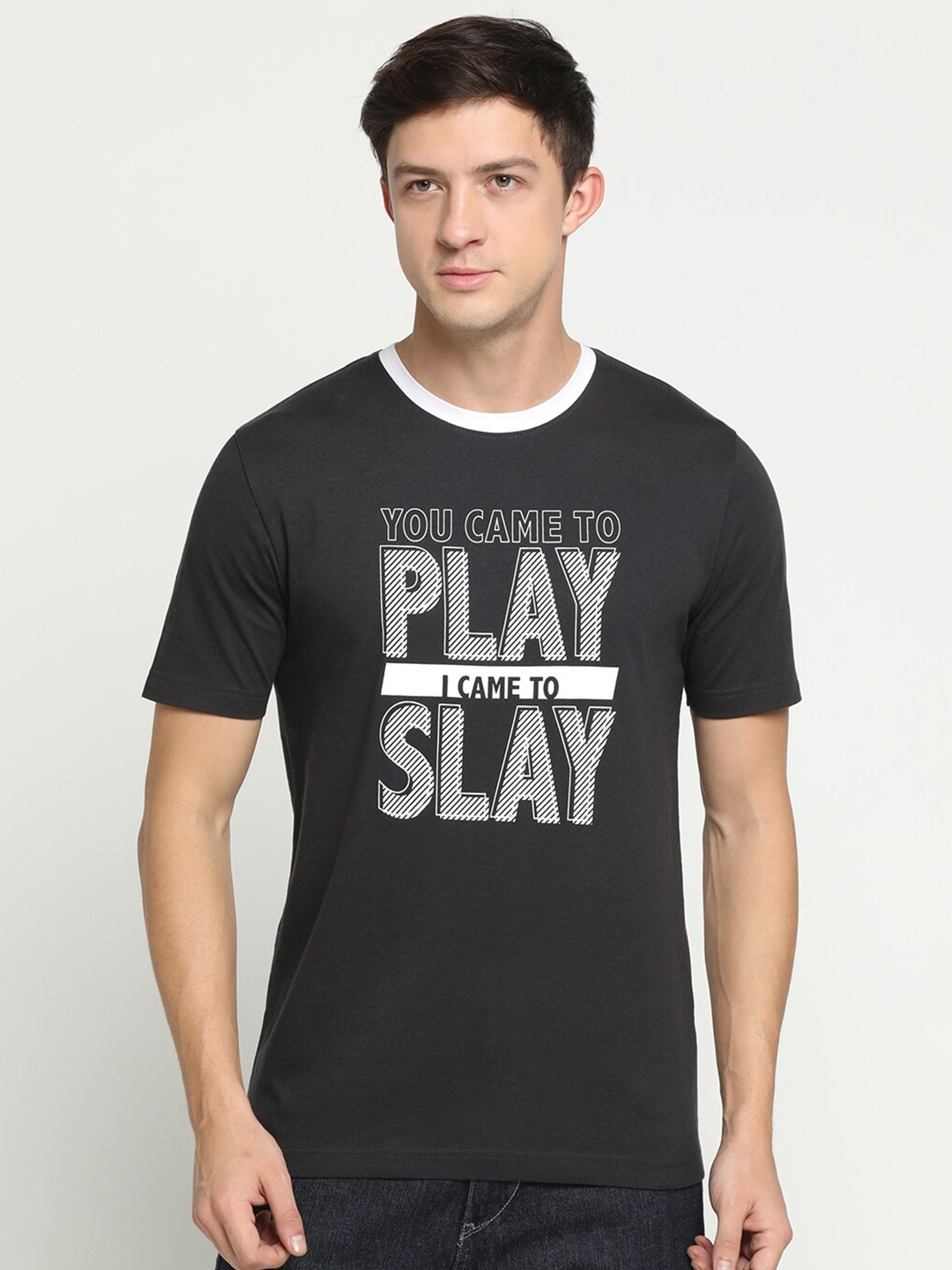 

R&B Men Black Typography Printed Applique Slim Fit T-shirt