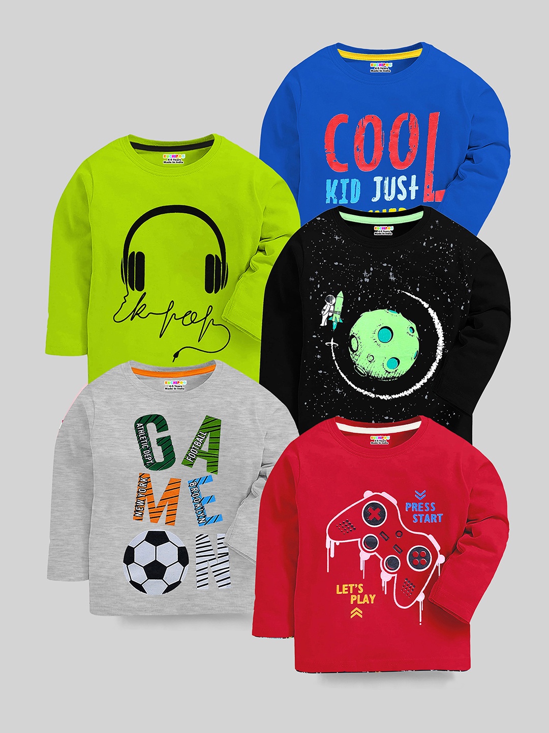 

KUCHIPOO Boys Multicoloured Typography 5 Printed Applique T-shirt, Multi