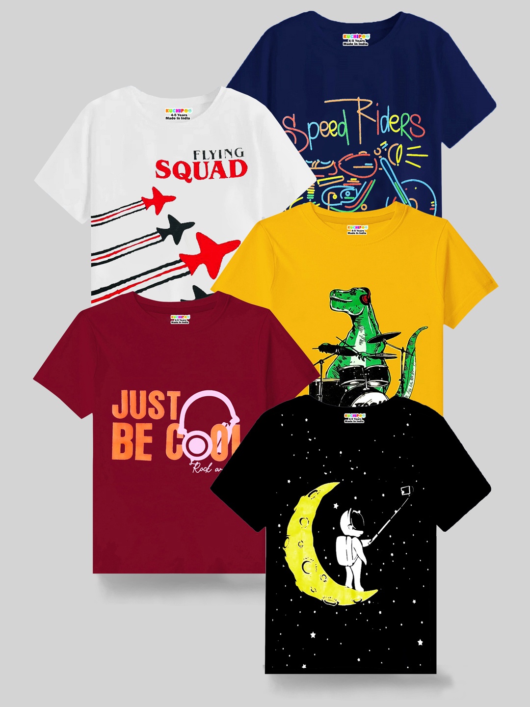 

KUCHIPOO Boys Multicoloured Typography 5 Printed Applique T-shirt, Multi
