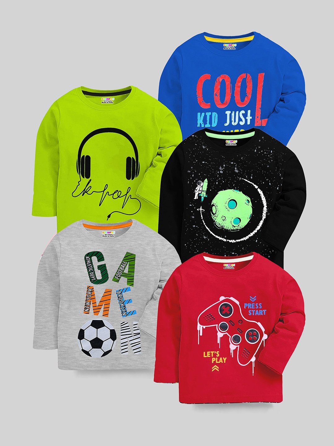 

KUCHIPOO Boys Multicoloured Typography 5 Printed Applique T-shirt, Multi