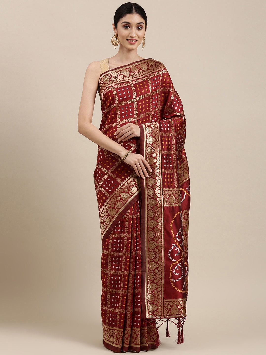 

Rekha Maniyar Maroon & Gold-Toned Floral Zari Silk Blend Banarasi Saree