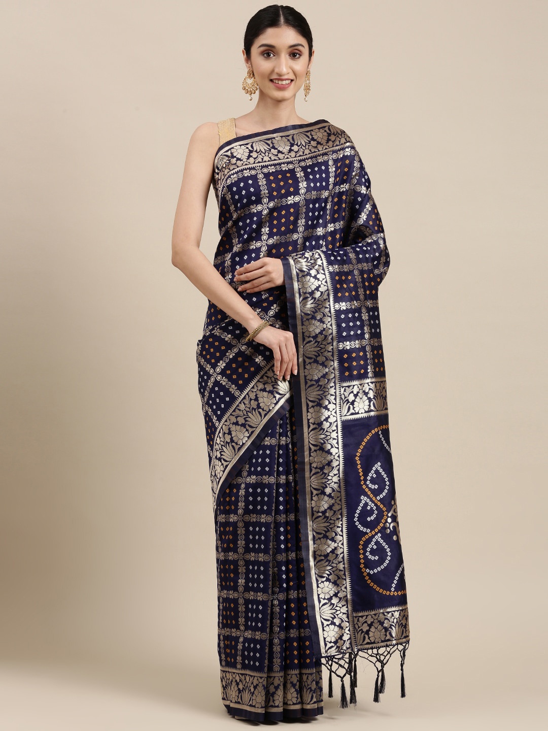 

Rekha Maniyar Navy Blue & Gold-Toned Floral Zari Silk Blend Banarasi Saree