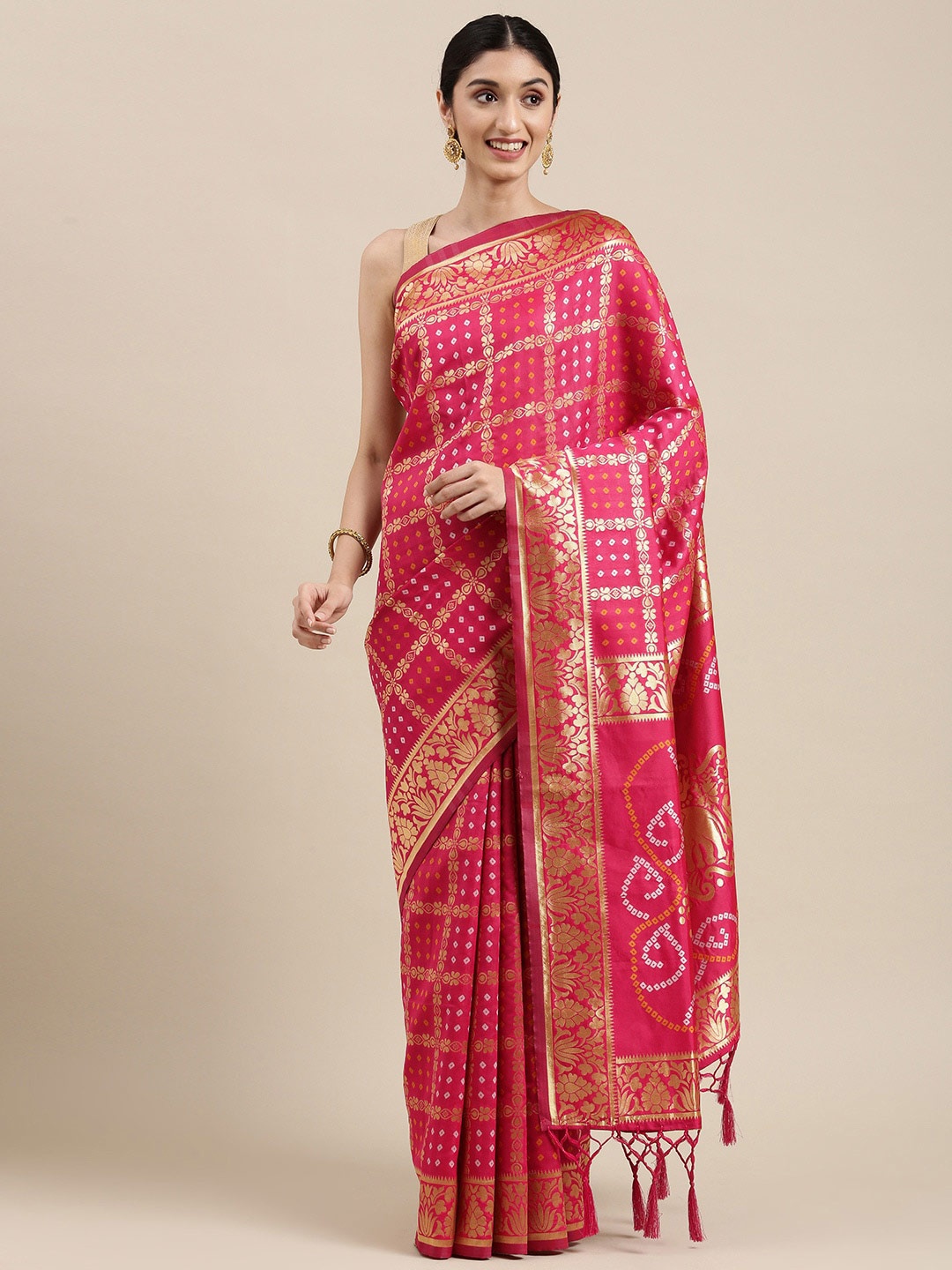 

Rekha Maniyar Pink & Gold-Toned Floral Zari Silk Blend Banarasi Saree