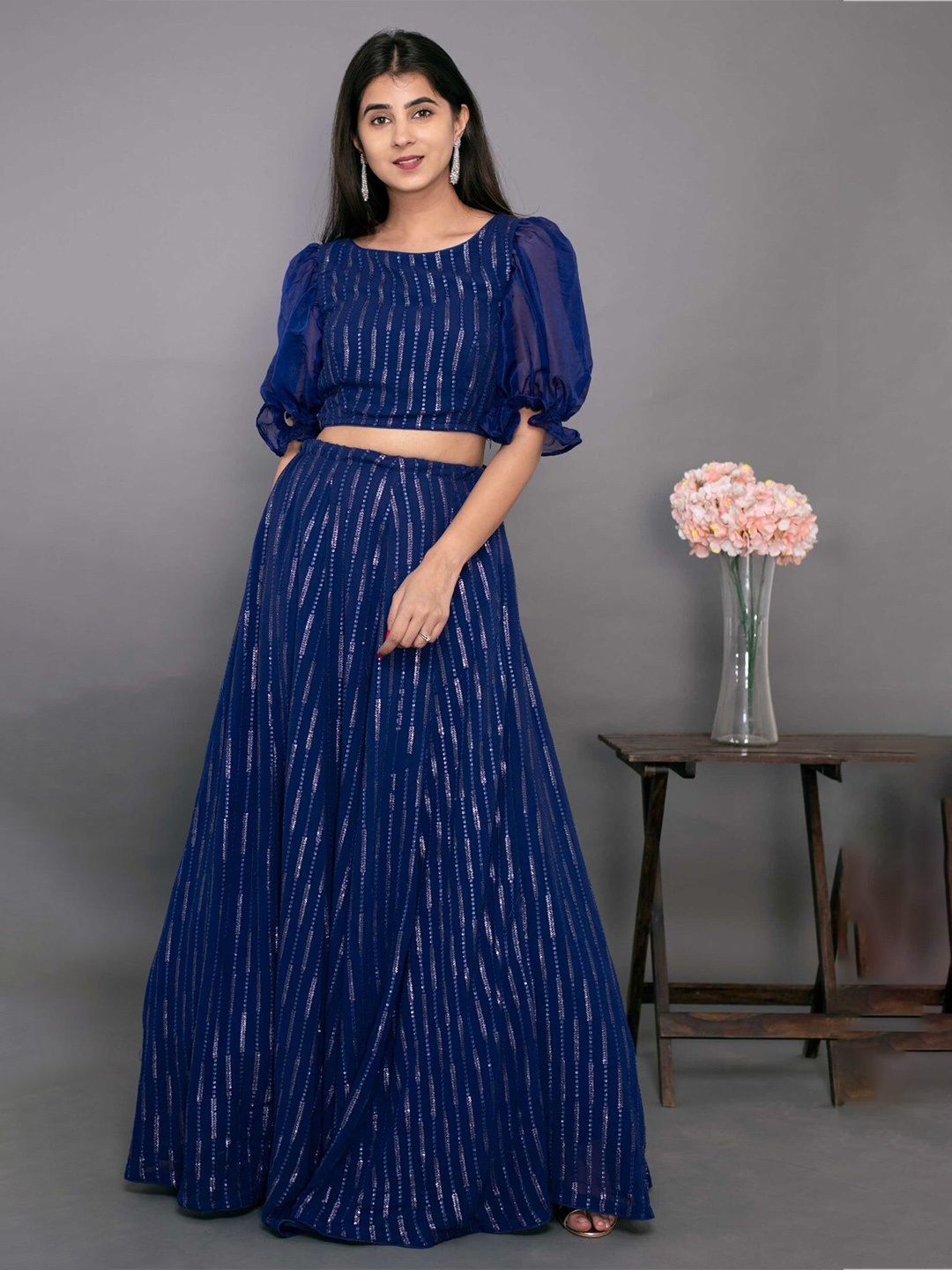 

Fashion Basket Blue & Silver-Toned Embroidered Semi-Stitched Lehenga &