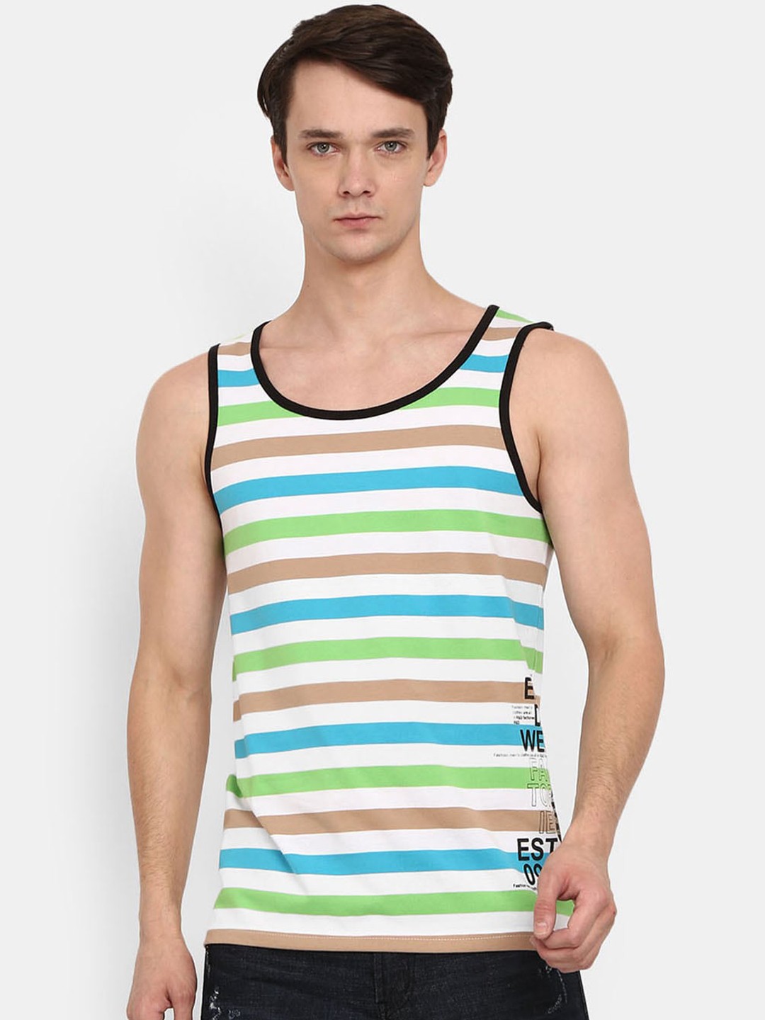 

V-Mart Men Green & White Striped Vest