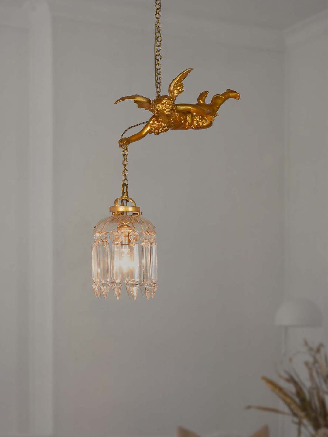 

Fos Lighting Gold-Toned & Transparent Textured Gilded Cherub Crystal Antique Pendant Light