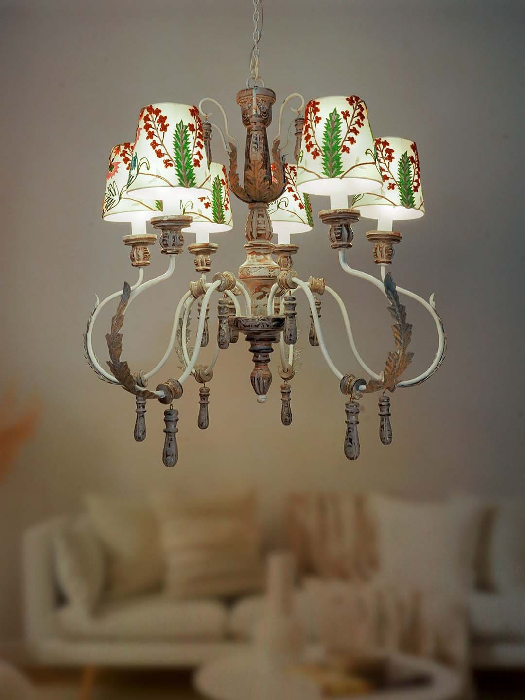 

Fos Lighting Green & White Parisian Distressed Grey 6 Light Wooden Chandelier with Dainty Embroidered Shades