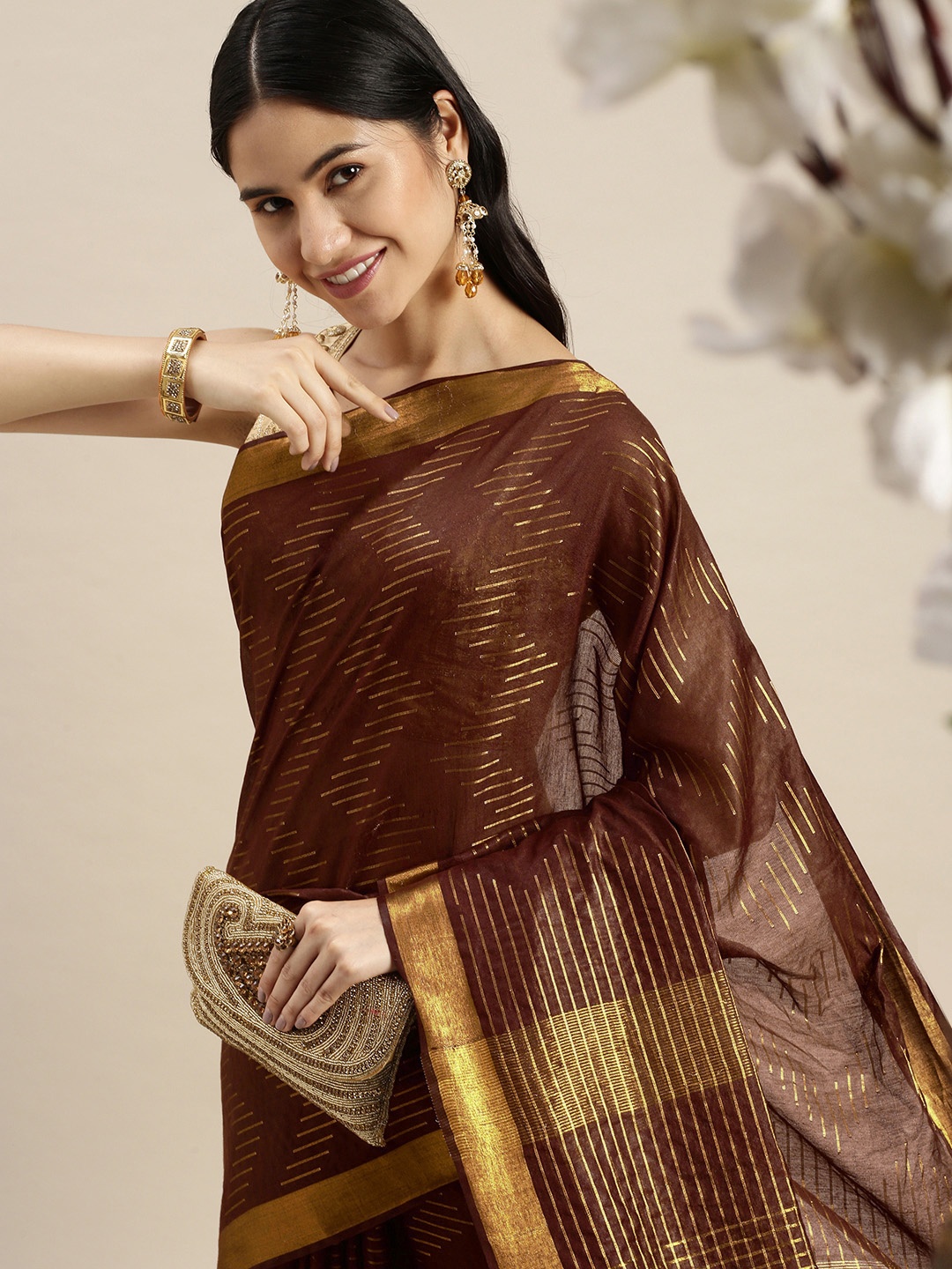 

swatika Brown Woven Design Bhagalpuri Saree with Unstitched Blouse Piece