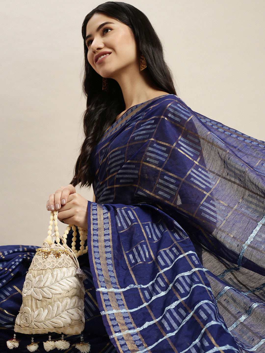 

swatika Navy Blue Woven Design Bhagalpuri Saree with Unstitched Blouse Piece