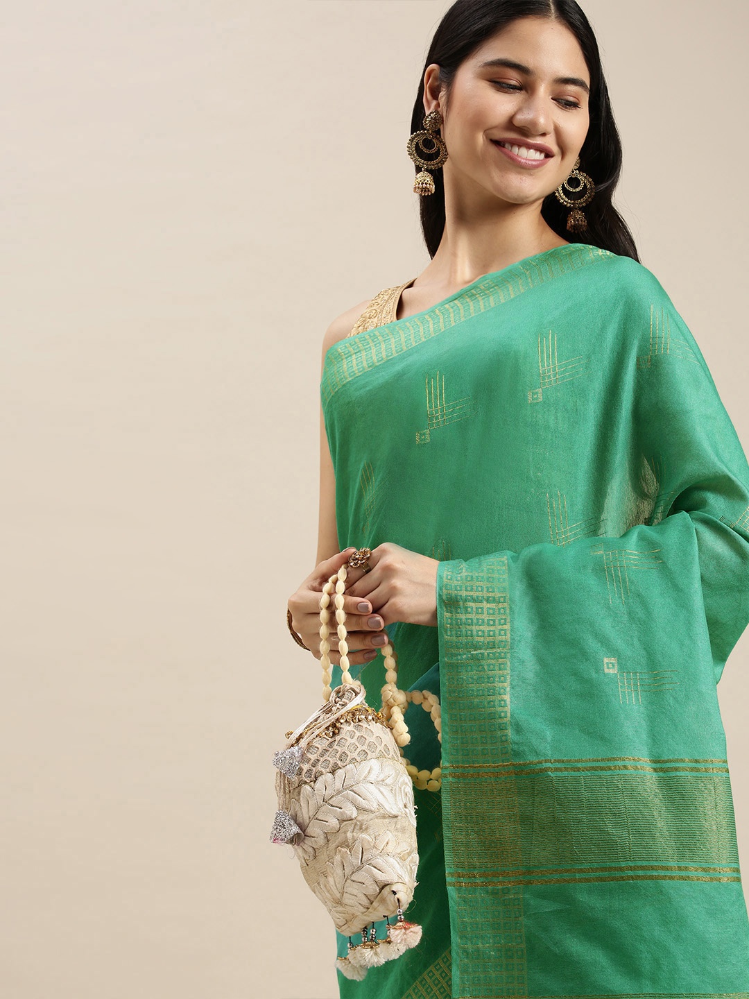 

swatika Sea Green Woven Design Bhagalpuri Saree with Unstitched Blouse Piece