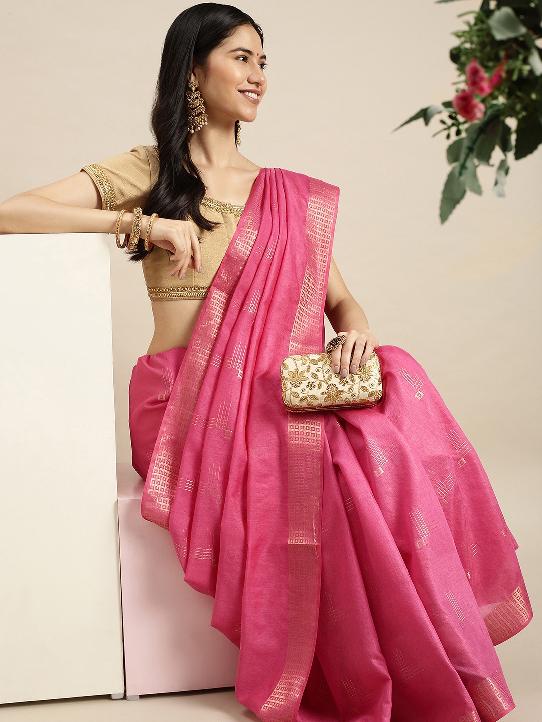 

swatika Pink Woven Design Bhagalpuri Saree with Unstitched Blouse Piece