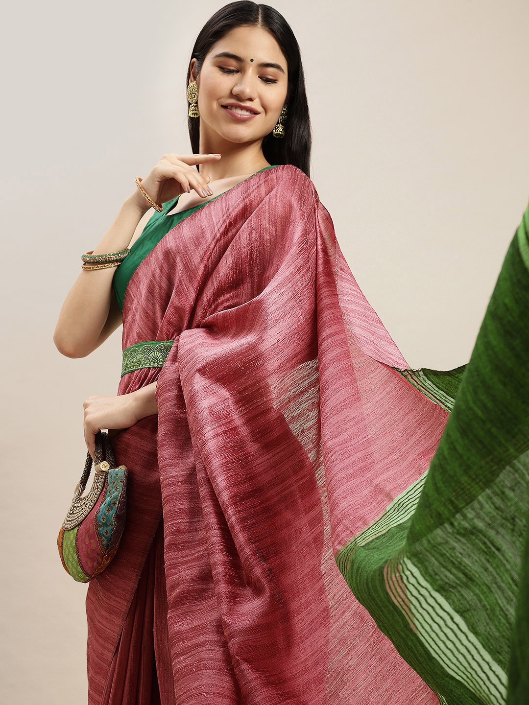 

swatika Pink & Green Woven Design Bhagalpuri Saree with Unstitched Blouse Piece