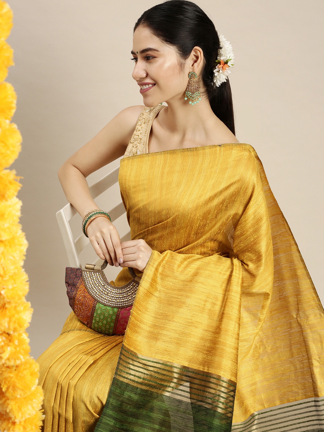 

swatika Yellow & Green Bhagalpuri Saree