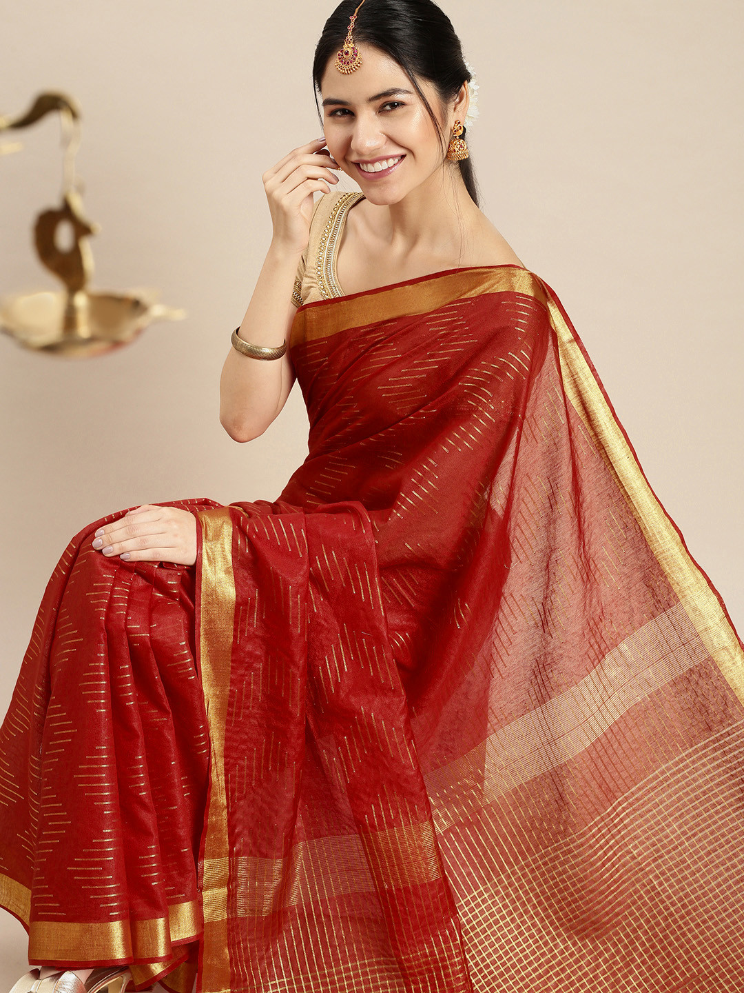 

swatika Red & Gold-Toned Striped Zari Bhagalpuri Saree