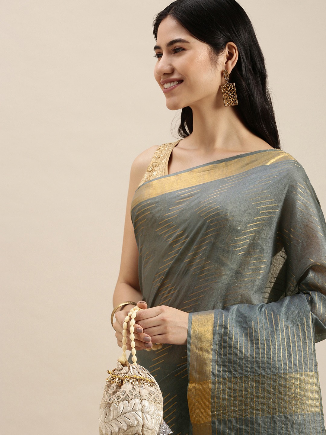 

swatika Grey Woven Design Bhagalpuri Saree with Unstitched Blouse Piece