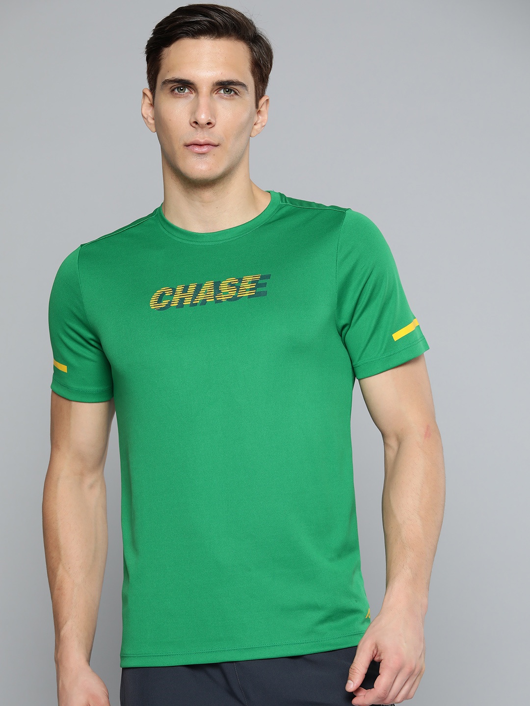 

Alcis Men Green & Yellow Typography Printed Slim Fit Running T-shirt