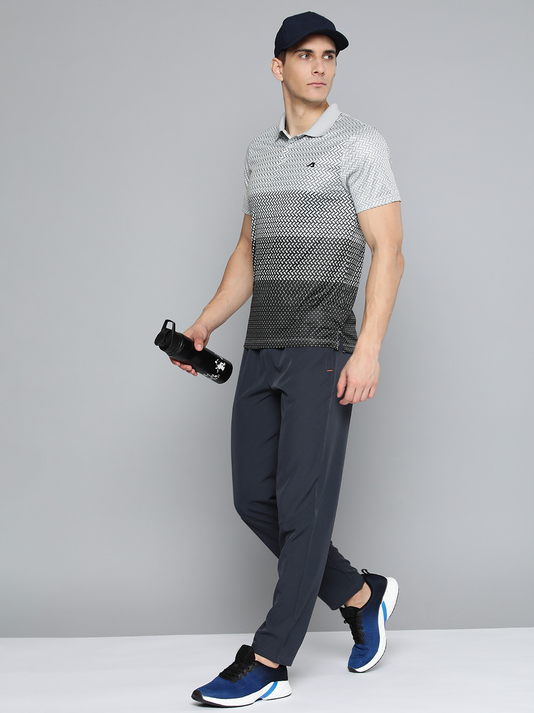 

Alcis Men Grey & Black Printed Polo Collar Slim Fit Running T-shirt
