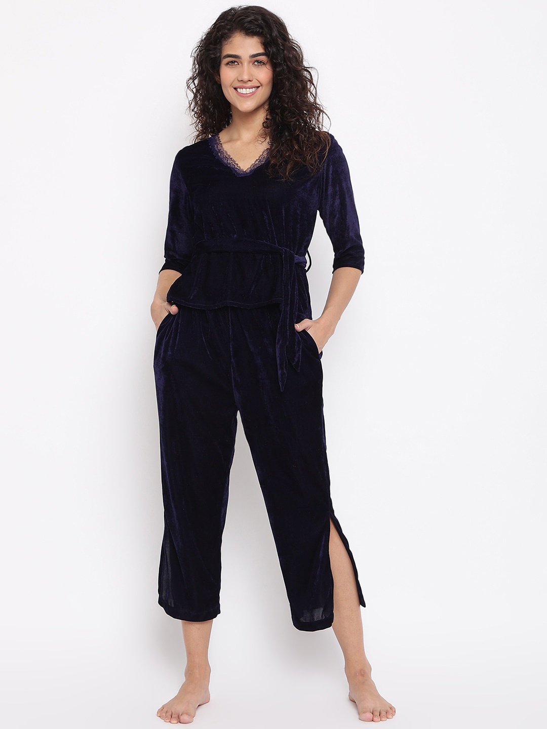 

DECOREALM Women Navy Blue Solid Velvet Night suit